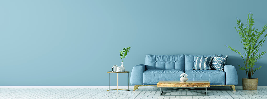The picture shows a blue sofa in front of a blue wall. Next to it is a table and a few indoor plants.